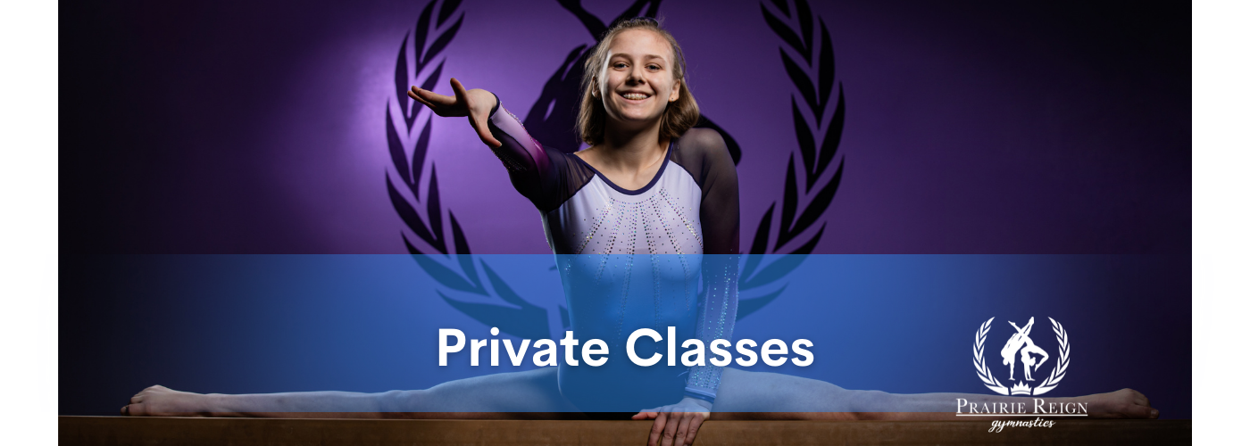 Girl in side splits on beam wearing competitive leo with banner that says Private Classes