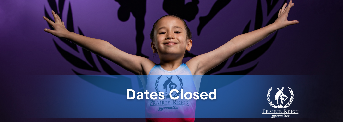 A precompetitive gymnast presenting with her arms up wearing a Prairie Reign Gymnastics leo