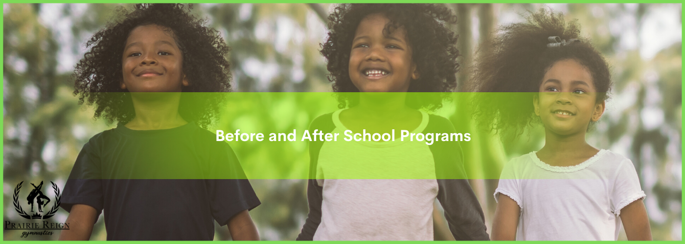 Two school-aged boys and a girl walking outside with banner that says Before and After School Programs